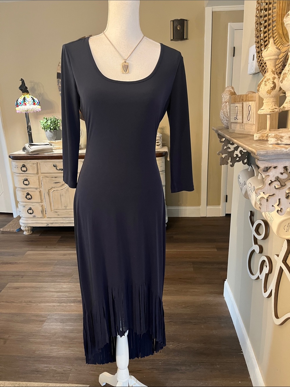 Calvin Klein Navy Midi Dress with Fringe Hem